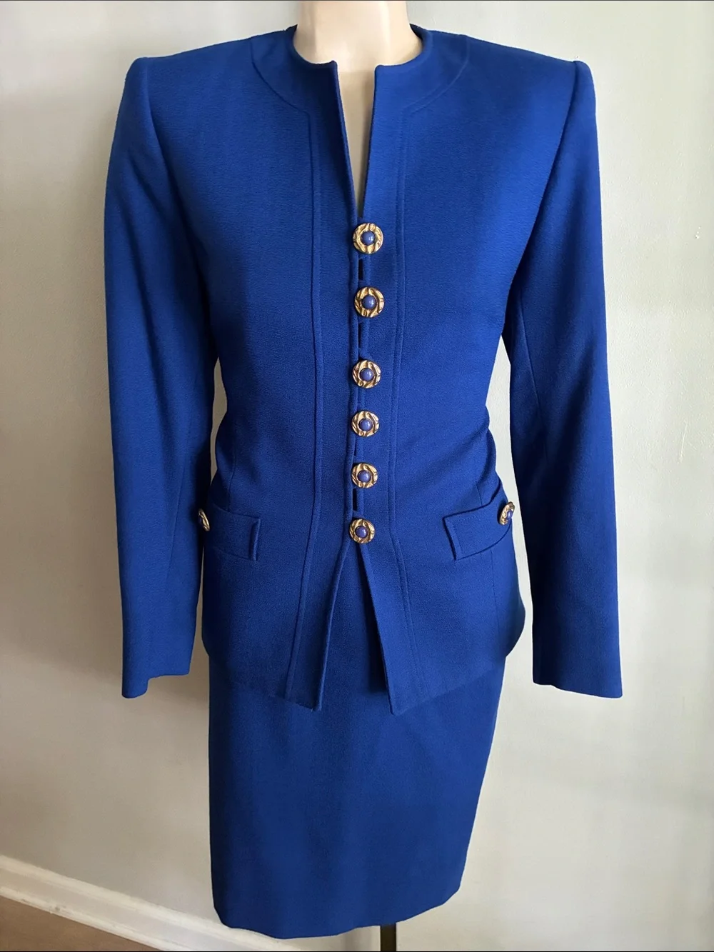 Vintage Herbert Grossman Cynthia Sobel Wool Skirt Suit Blue Size 6 USA